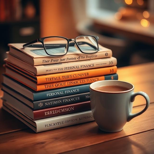 Libri di finanza personale con occhiali e tazza di tè