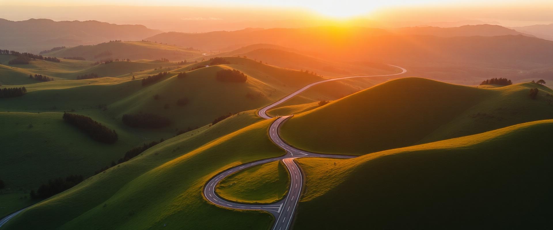 Panorama di colline verdi al tramonto con strada sinuosa