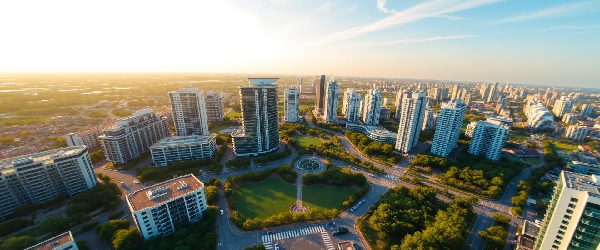 Vista aerea di una città moderna al tramonto