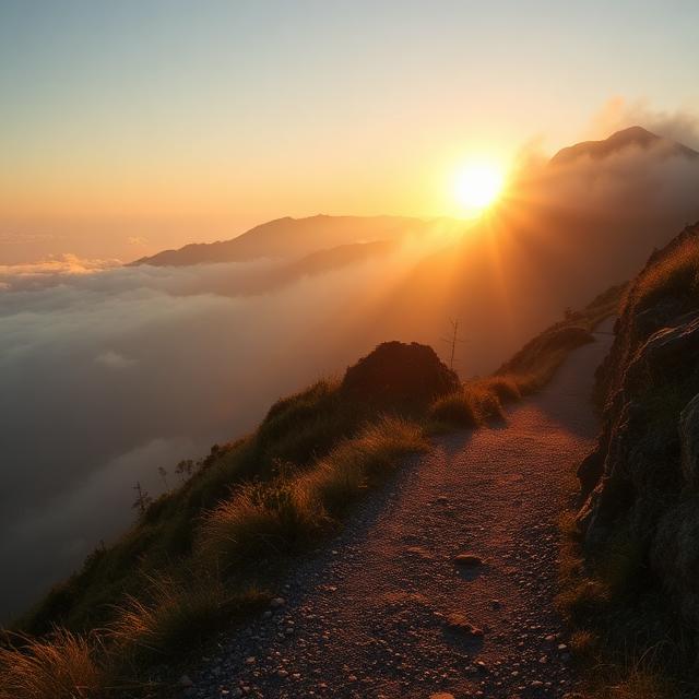 Sentiero di montagna illuminato dal sole all'alba