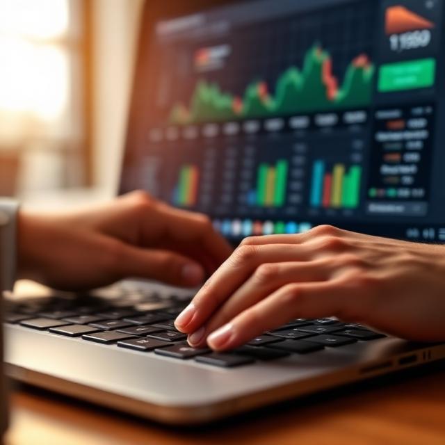 Mani su una tastiera con dashboard finanziaria sullo schermo