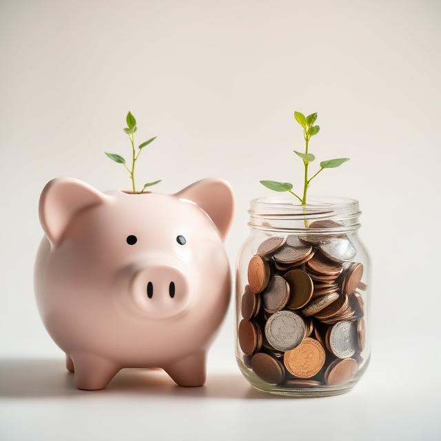 Salvadanaio e barattolo di monete che rappresentano il risparmio